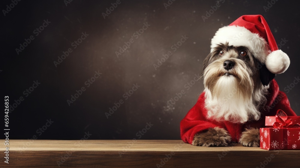 cute dog in santas hat with gift box