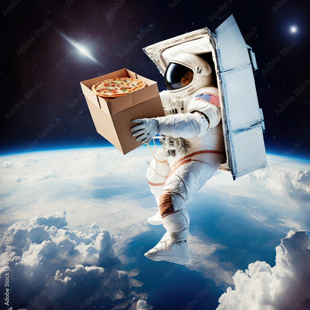 An astronaut courier delivers pizza in space. Delivery service from the future. Generated AI