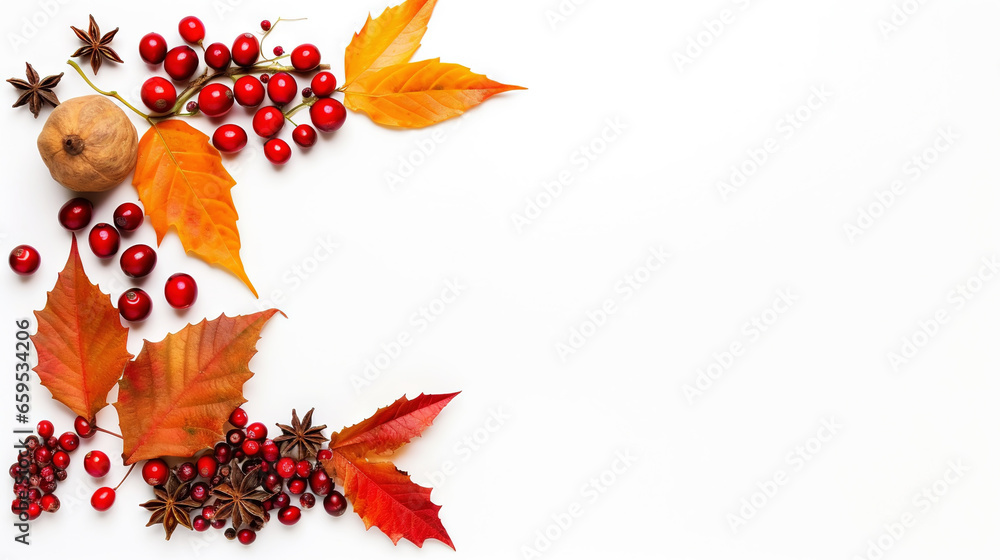 Autumn creative frame composition with dried leaves, chestnuts, red berries and cones on white background. Generative AI