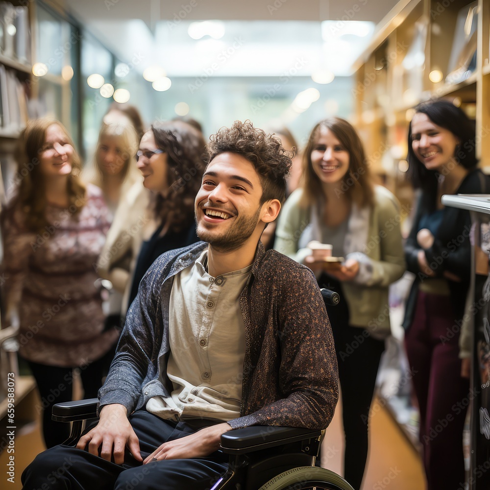 young man in a wheelchair surrounded by friends in the library