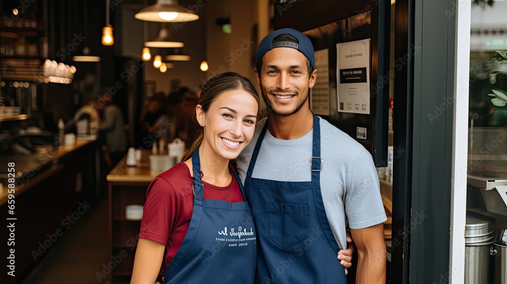 man and woman stand in aprons in front of door