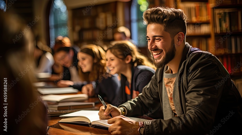 young man in a wheelchair surrounded by friends in the library