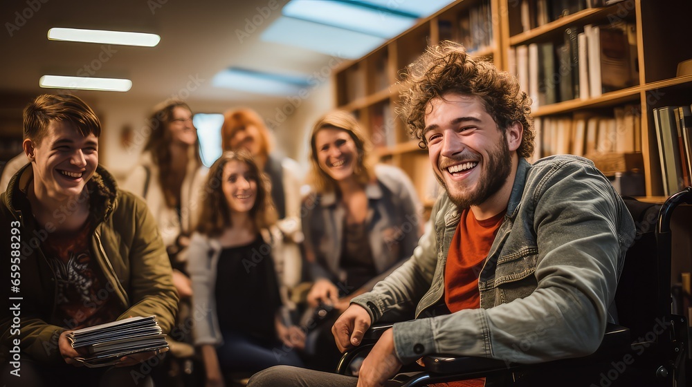 young man in a wheelchair surrounded by friends in the library