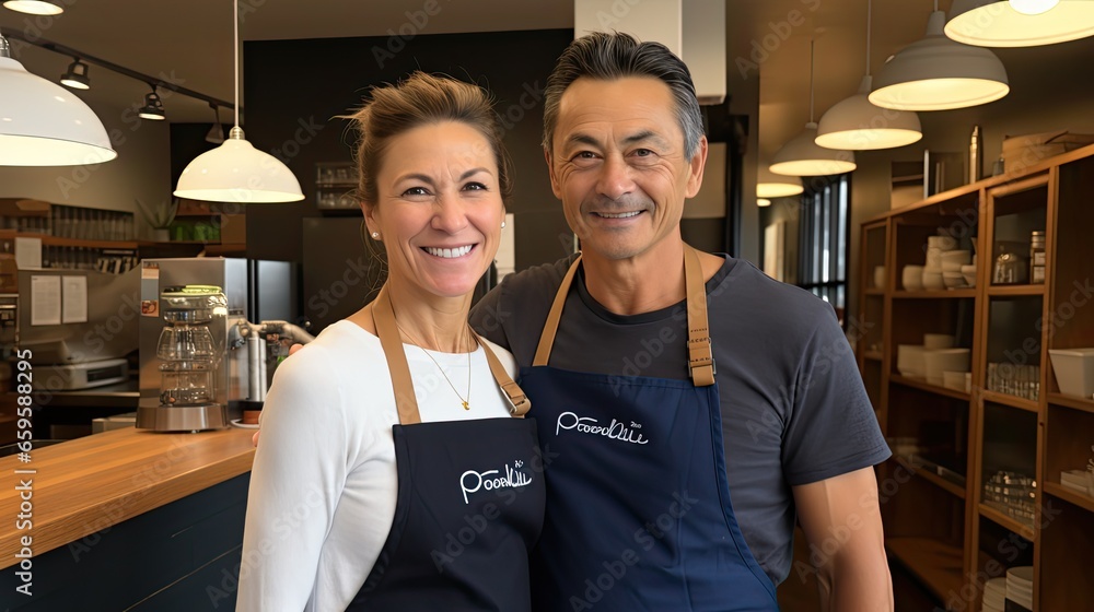 a man and a woman stand in aprons in front of a door