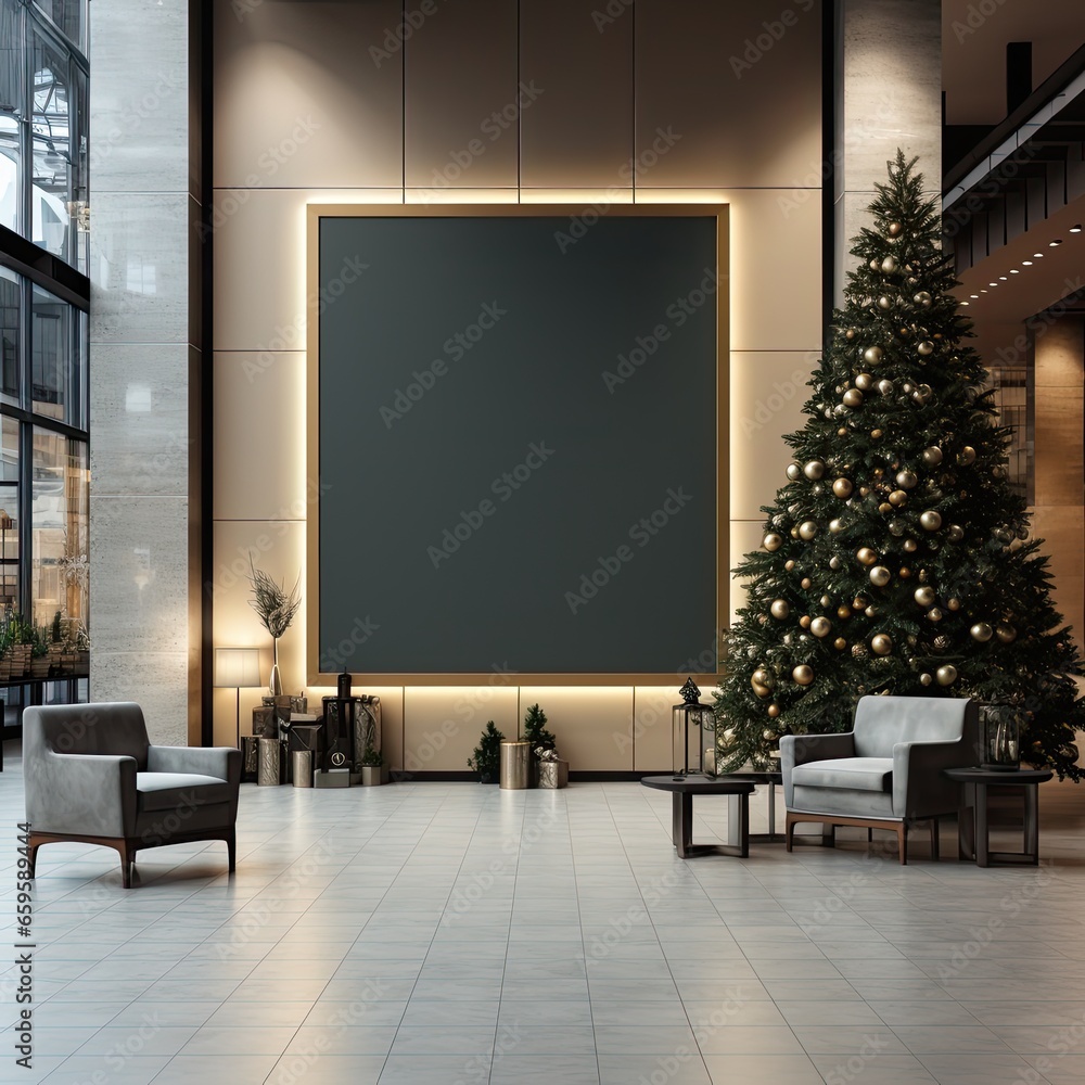 Decorated bright Christmas tree large in a shopping center