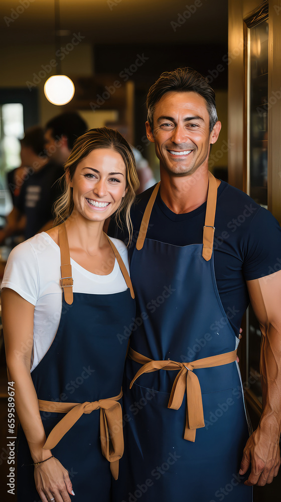 man and woman stand in aprons in front of door