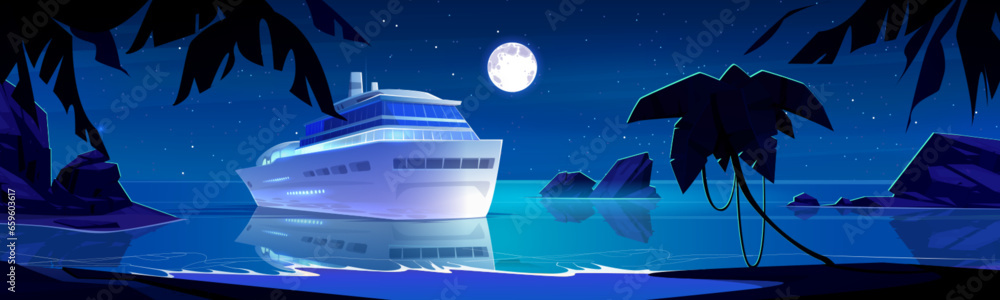 Large cruise ship in sea or ocean off coast at night. Cartoon vector dark twilight landscape of vacation and travel liner in water near sandy beach with palm trees under moonlight. Luxury trip boat.