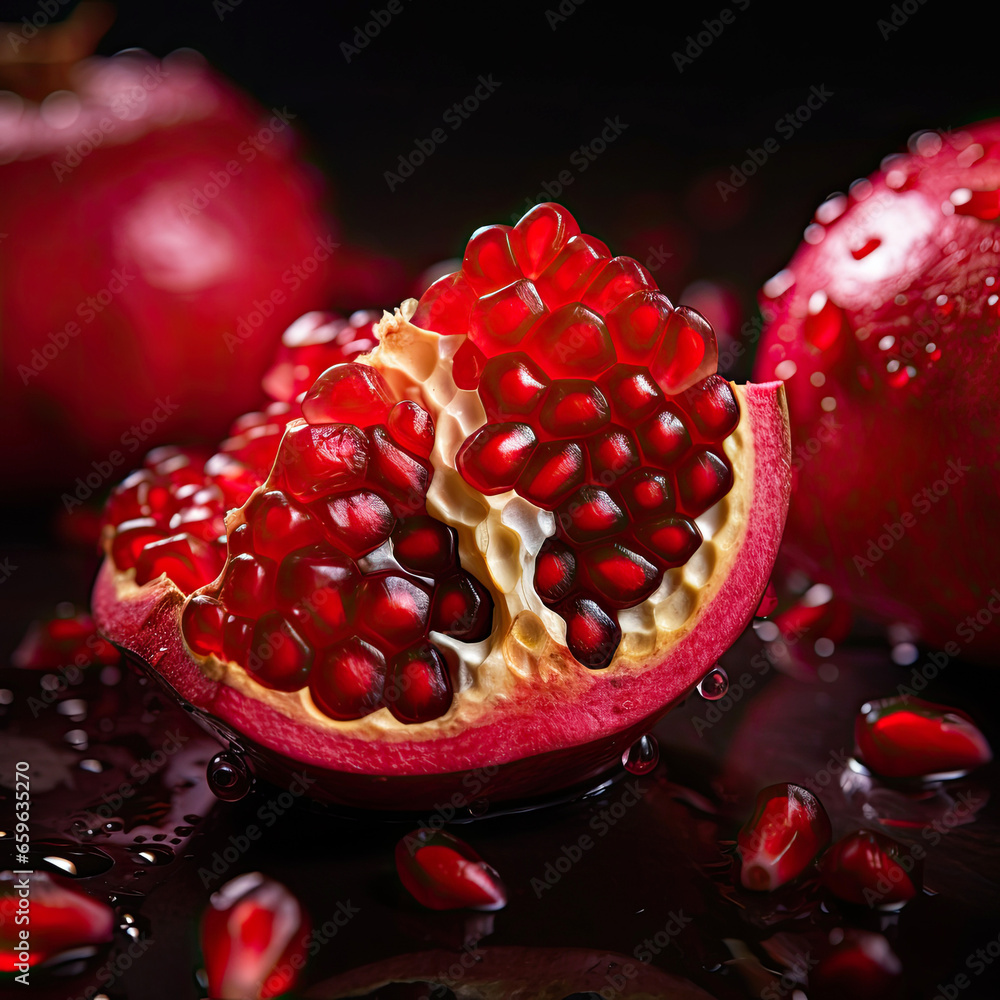 Pomegranate with water drops close-up studio image on dark black background.