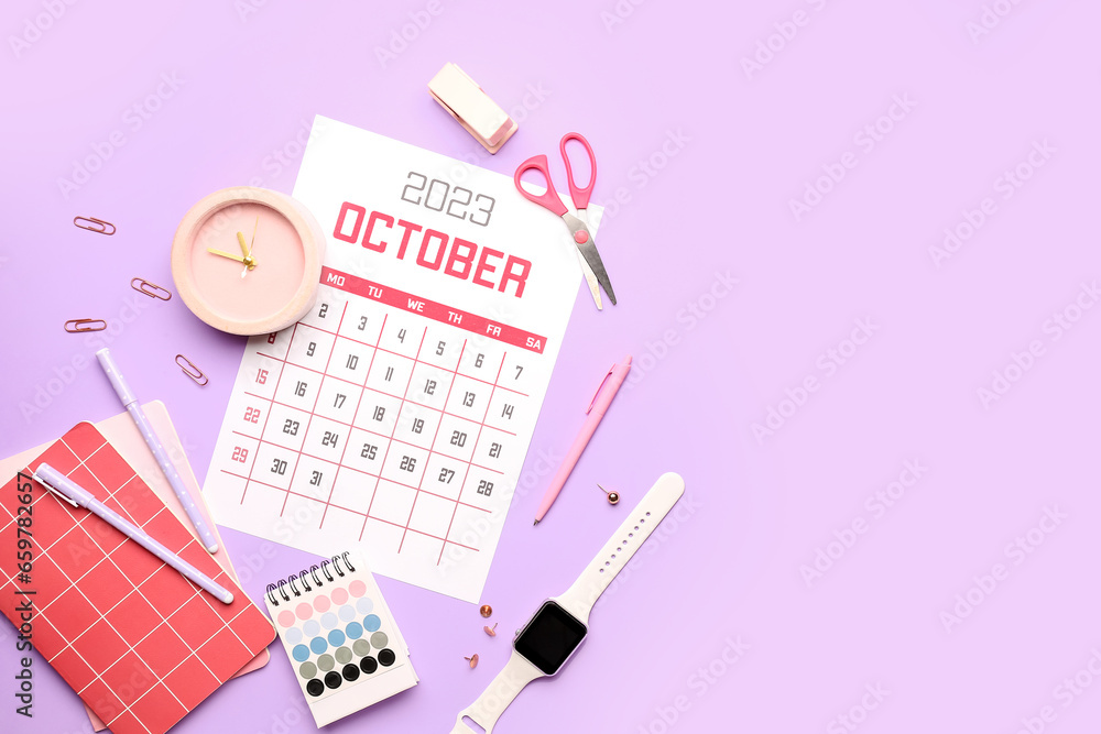 Composition with calendar, smartwatch, alarm clock and stationary on lilac background