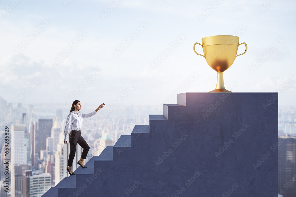 Side view of young european business woman climbing stairs to golden winners cup on blurry city background. Success and career growth concept.