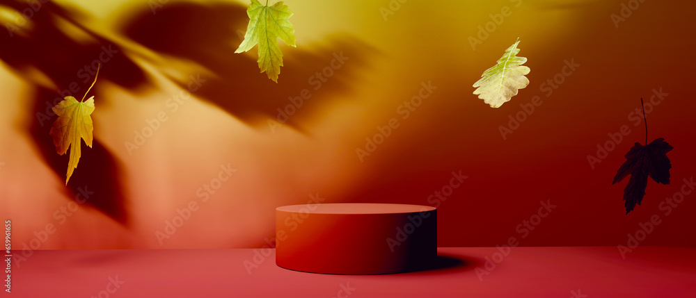 Autumn leaves with a round podium - 3D render