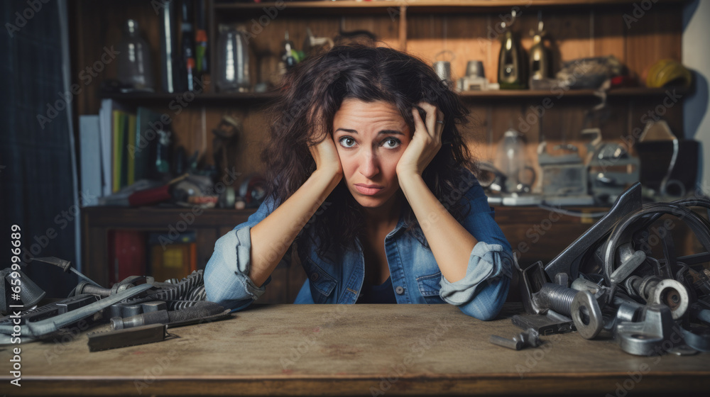 Desperate young woman has some problems making DIY repairs at home