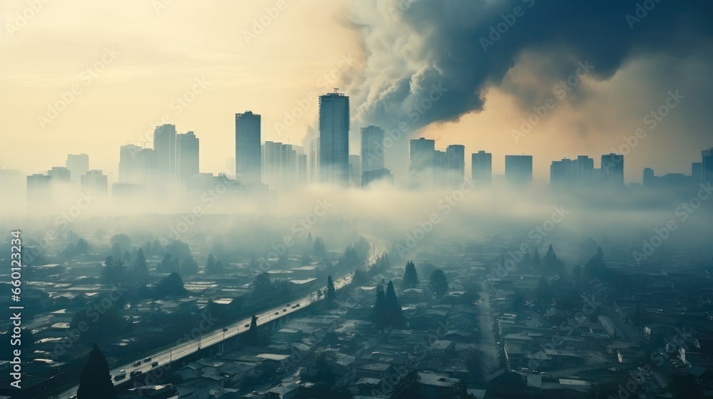 Bustling city in smog and pollution, illustrating urban environmental challenges.