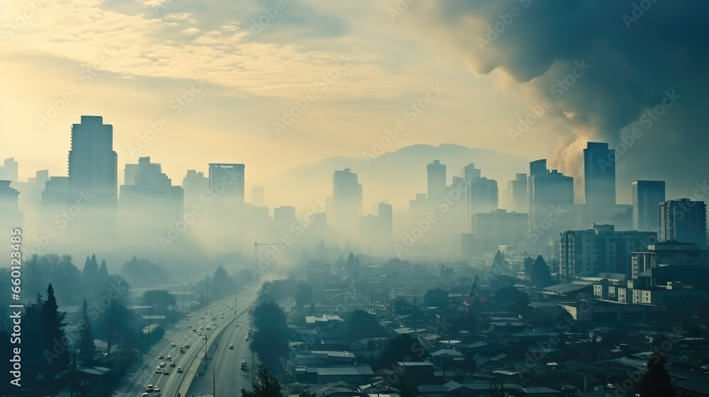 Bustling city in smog and pollution, illustrating urban environmental challenges.