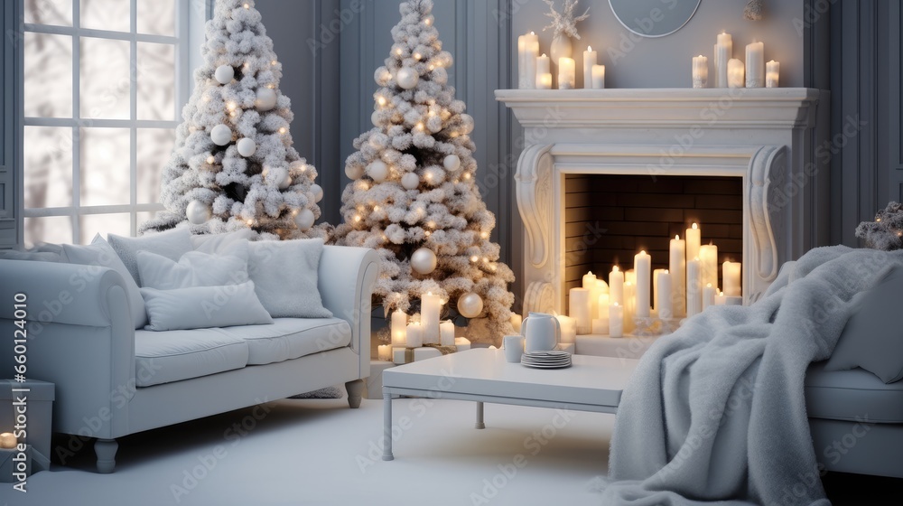 A cozy living room transformed into a winter with a decorated tree and presents on the fireplace.