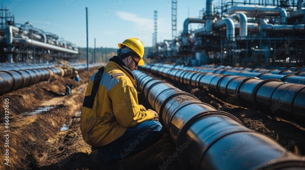 Engineer working for operate equipment Pipeline LNG oil gas equipment at construction site of a natural gas plant.