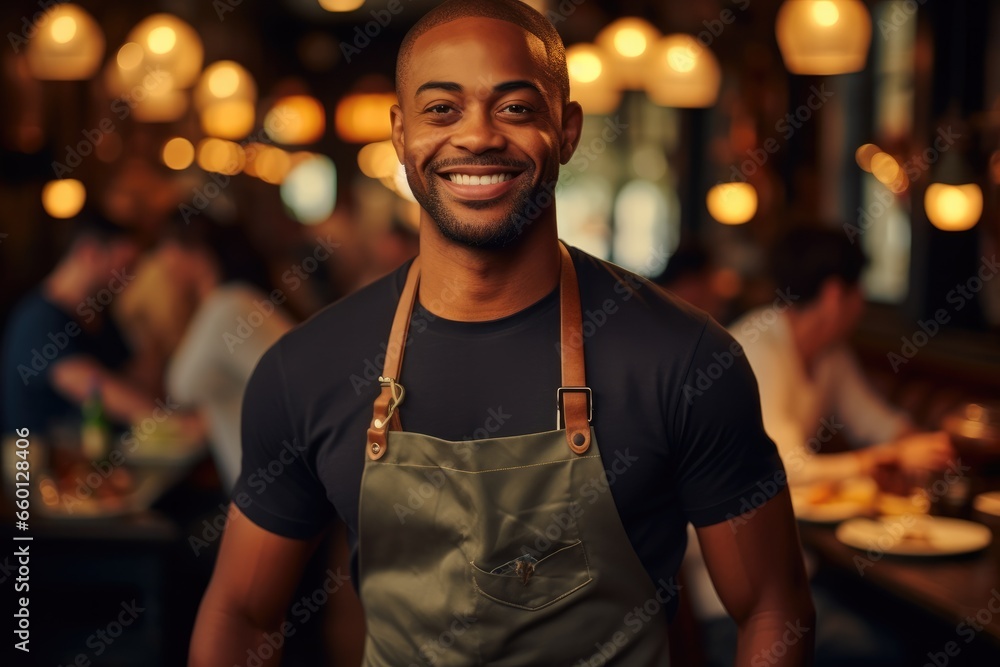 African American waiter man standing in front of bar at restaurant .