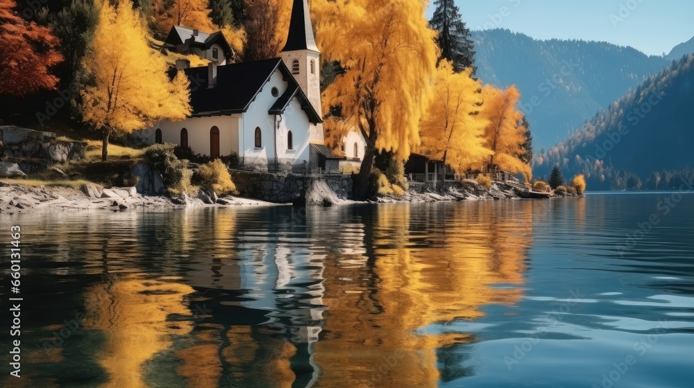 Beautiful Church reflecting in calm lake waters in autumn.