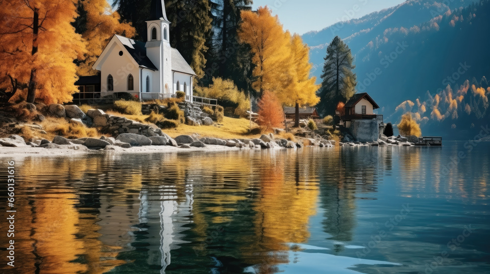 Beautiful Church reflecting in calm lake waters in autumn.