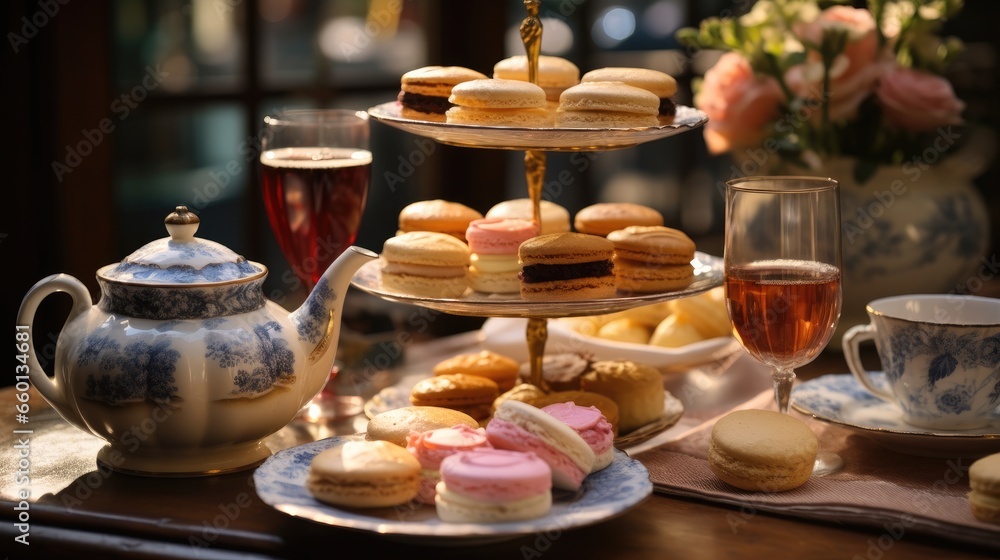 British Afternoon High Tea with a three-tiered platter of scones, cakes and sandwiches.