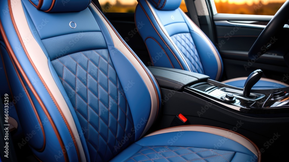 Luxury seats in car, Color is dark blue.