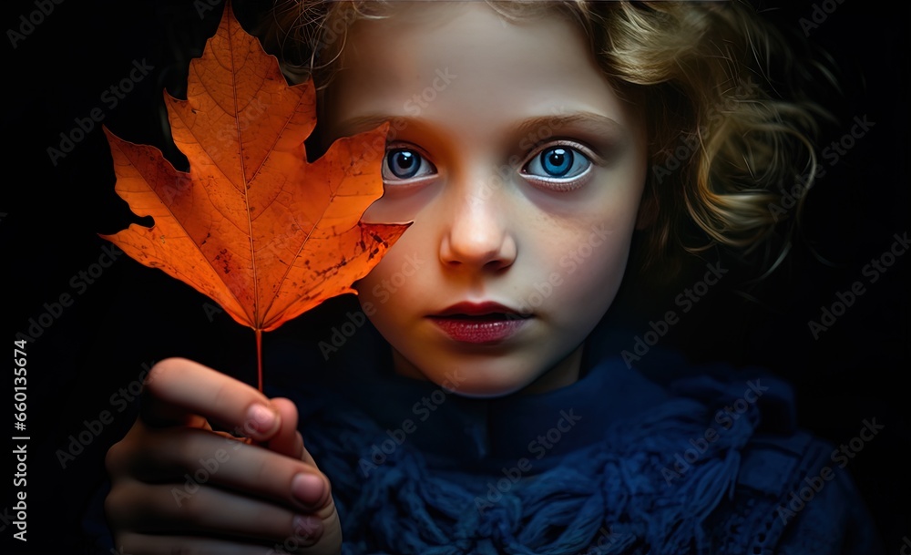 close up girl face portrait with red maple leaf, Generative Ai