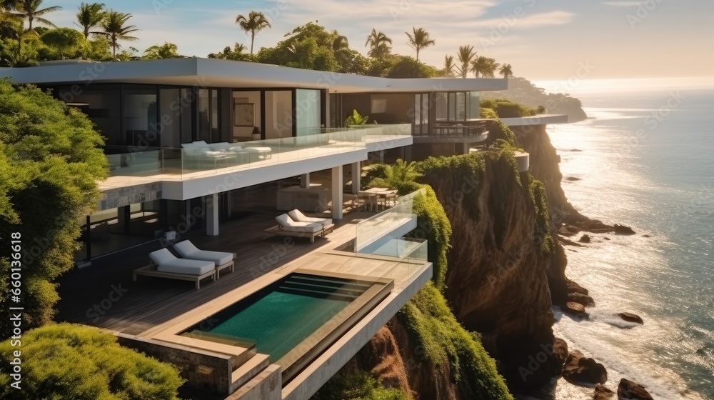 A modern cliffside villa and infinity pool with cantilevered architecture.