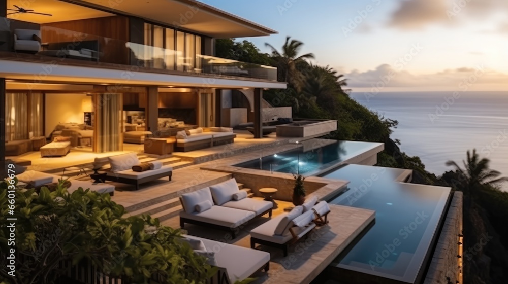 A modern cliffside villa and infinity pool with cantilevered architecture.