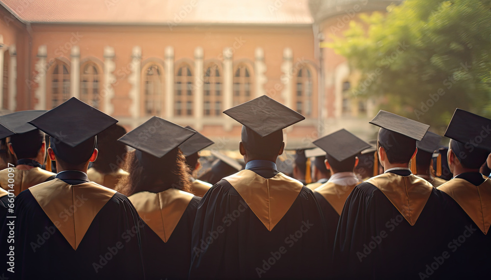 Back view of graduates in caps.