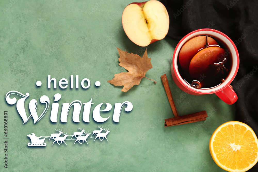 Poster with delicious mulled wine and text HELLO, WINTER