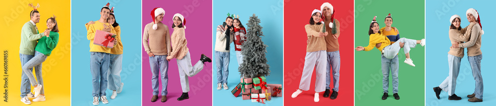 Group of happy Christmas couple on color background