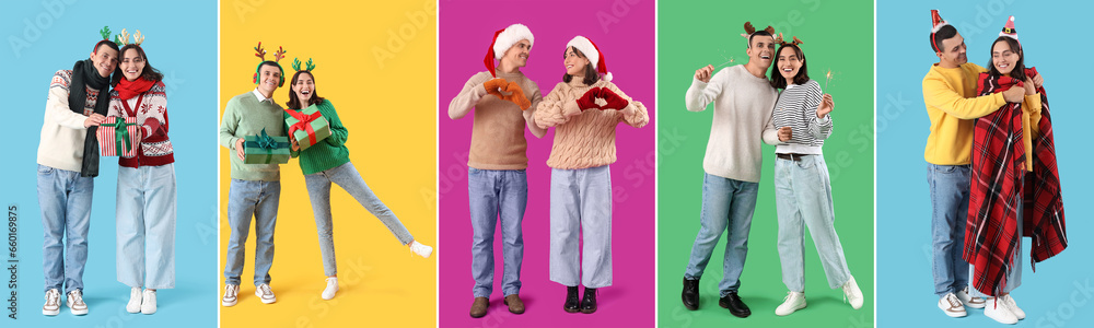 Collage of happy Christmas couple on color background