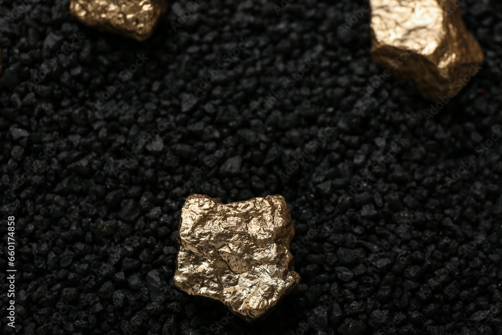 Golden nuggets on black coal, closeup