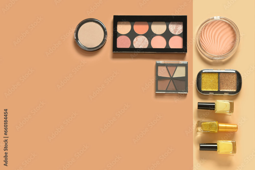 Different decorative cosmetics on colorful background