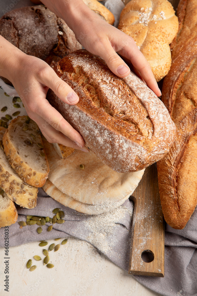 Freshly baked delicious bread, healthy eating concept.