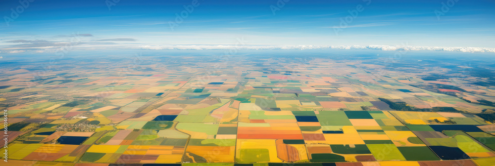 Aerial view of patchwork farmland on a sunny day