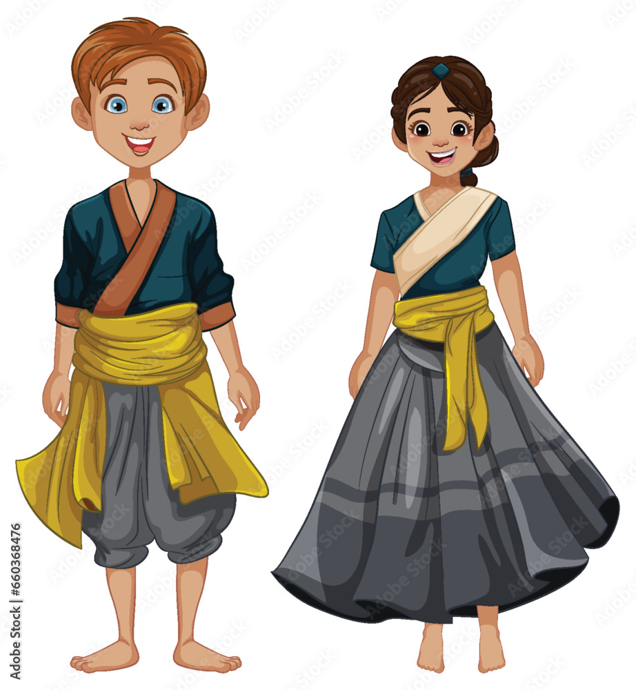 Indian Traditional Dress Couple Cartoon Illustration