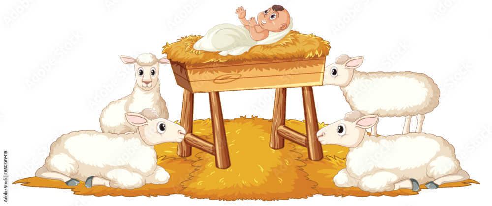 Infant Jesus Christ in Manger with Sheep