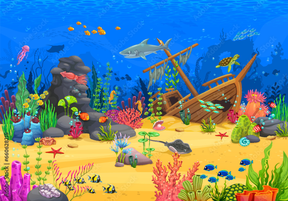 Game level with cartoon underwater animals and landscape with sunken ship. Under water sea bottom vector background with tropical fish shoal, shark, squid and jellyfish, ship wreck, seaweeds and crab