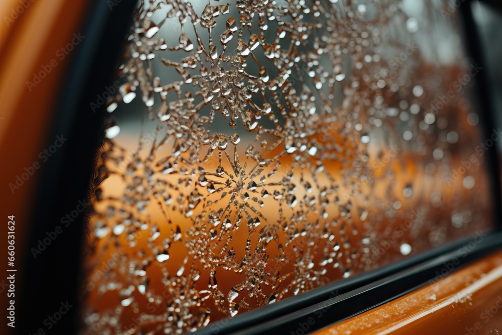 Close-up view of intricate ice patterns adorned with glistening droplets against an amber background