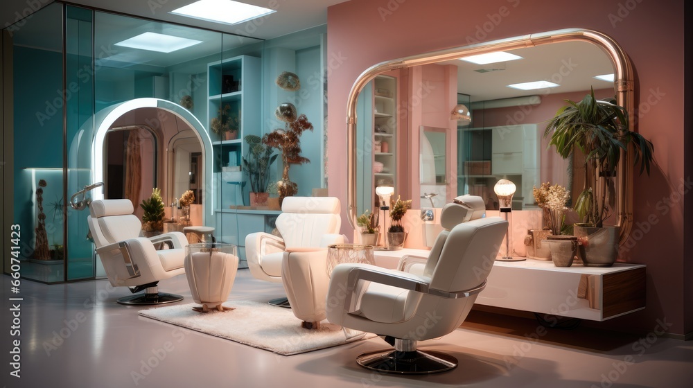 Hairdressing salon for women with two hairdressing chairs with illuminated mirrors.