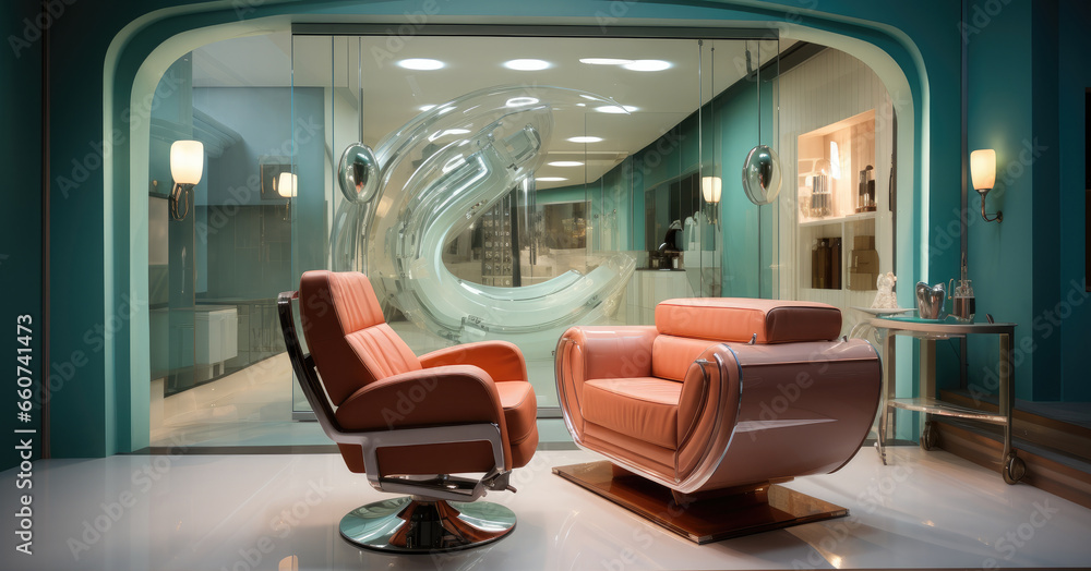 Hairdressing salon for women with two hairdressing chairs with illuminated mirrors.