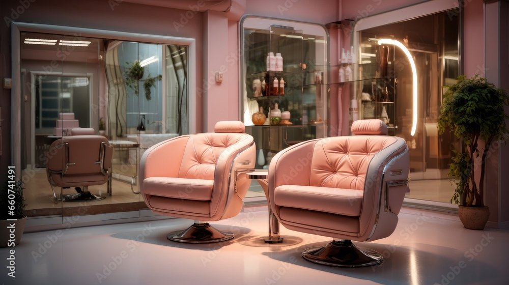 Hairdressing salon for women with two hairdressing chairs with illuminated mirrors.