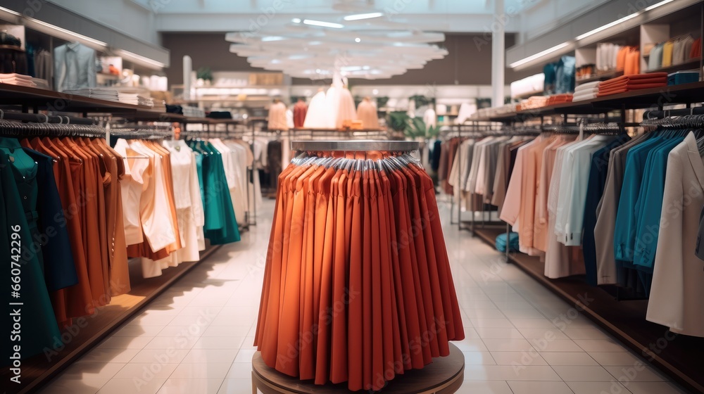 Clothing store, Shelves of clothes in department store.