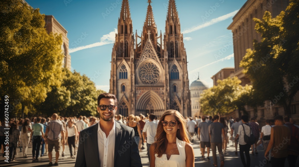 Couple tourists admiring the architecture and history of a centuries-old cathedral in a European city.