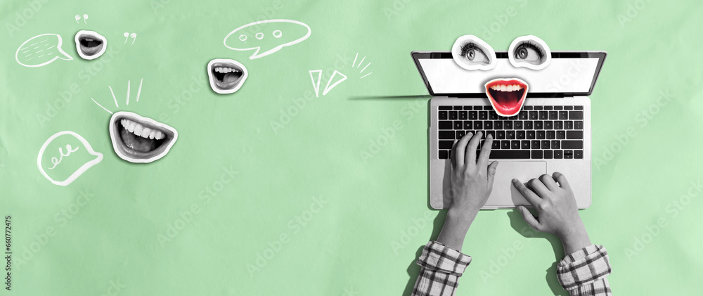 Person using a laptop computer with eyes and mouth - Photo collage design