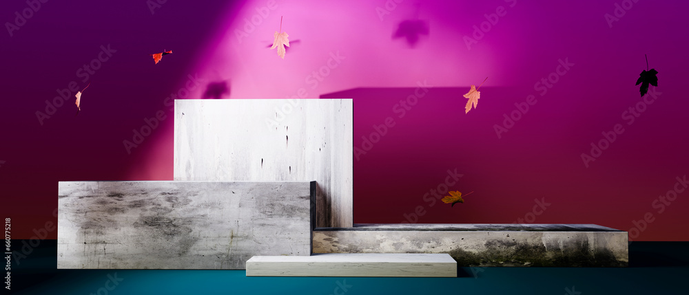 Rectangle stage podium with autumn leaves - 3D render