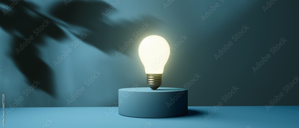 Light bulb on a podium with shadow of leaves - 3D render