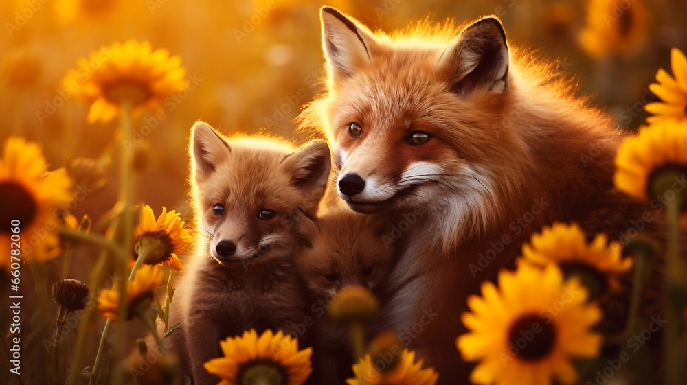 Mother fox with her cubs surrounded by flowers