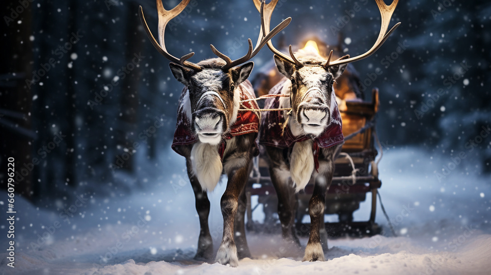 Christmas Reindeer with their sleigh on a snowy night